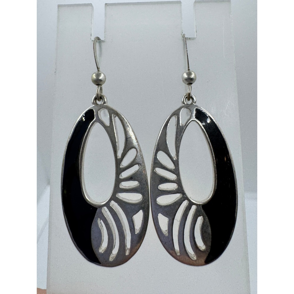 Silver Tone Black Enamel Open Work Oval Dangle Earrings Fishhook Drop